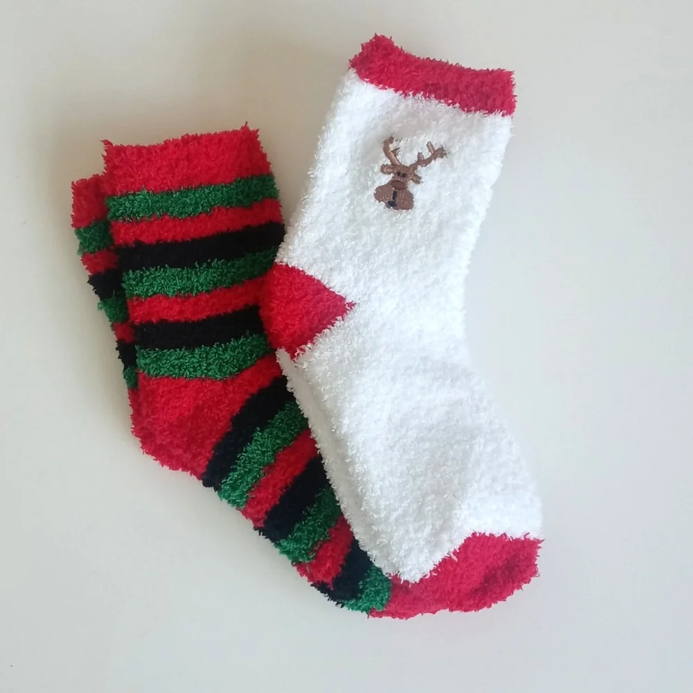 Set of 2 Pair Reindeer & Holiday Stripe Sock Set Holiday/Christmas *Super Soft